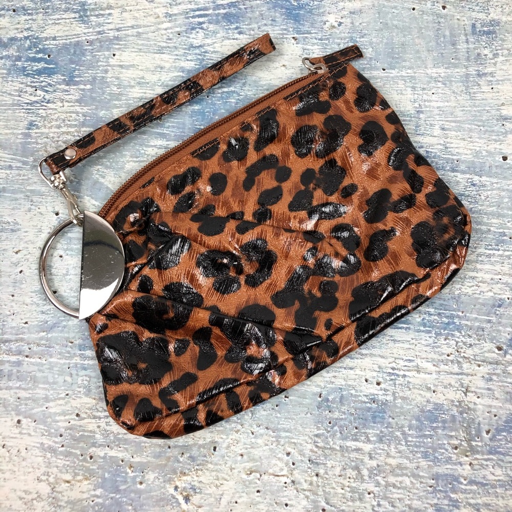 Faux patent leather leopard print zip wristlet